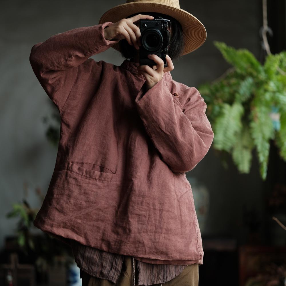 

Johnature Женские китайские пальто с длинным рукавом, зимние однотонные пуговицы, теплые винтажные пальто One Size коричневый