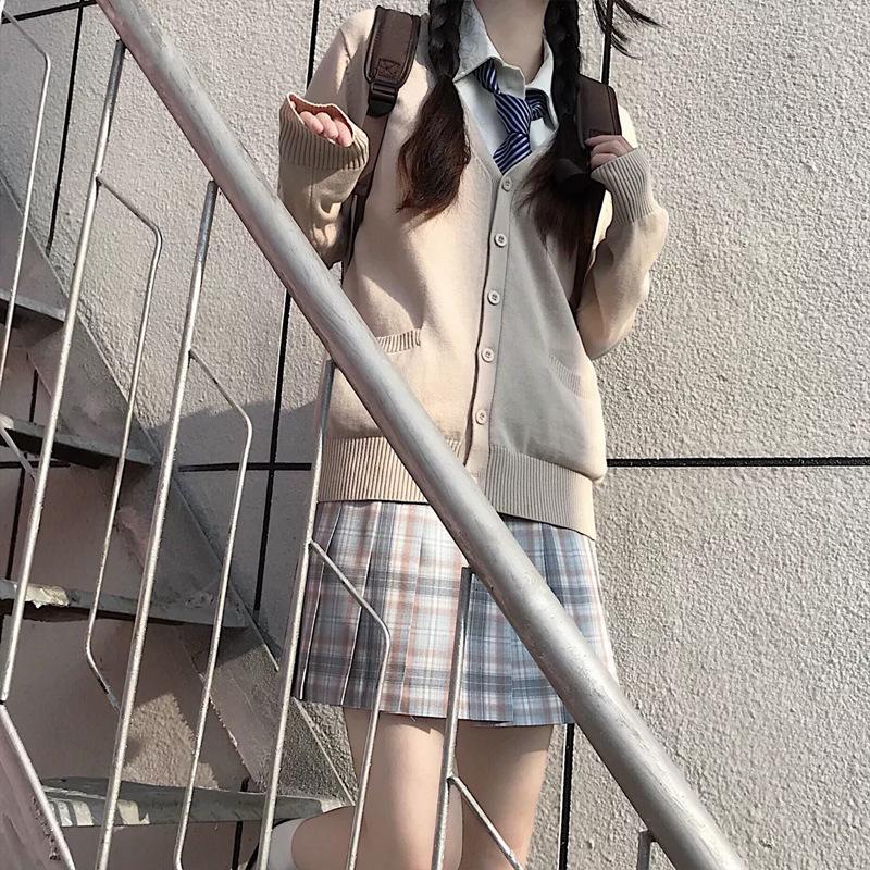 Spring and Autumn JK Sweater Solid Color V-neck Knitted Sweater JK Uniform Cardigan Top Women's Cotton Sweater