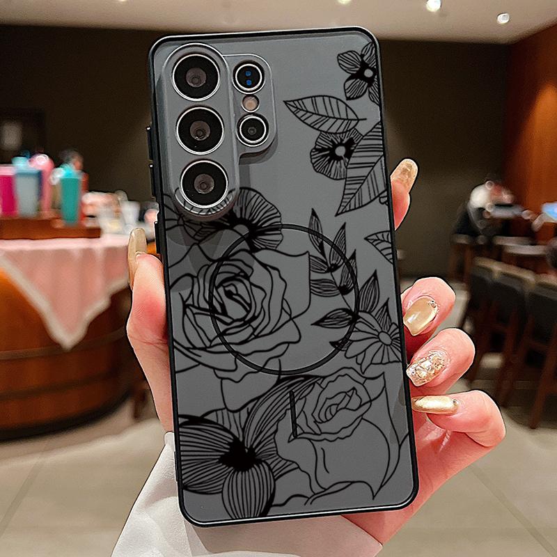 Magnetic For Magsafe Case For Samsung Galaxy S26 Ultra S25 Edge S24 Plus S23 FE S22 A54 A55 A56 5G Line Rose Flowers Leaves Pattern Matte Cover