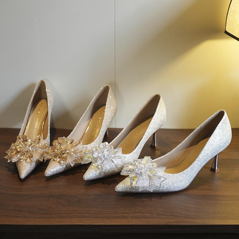 Muse Fairy Fächer~ Kristallschleife, High Heels Damen Spitzschuh Pfennigabsatz Hochzeitsschuhe Brautjungfern Bankettschuhe