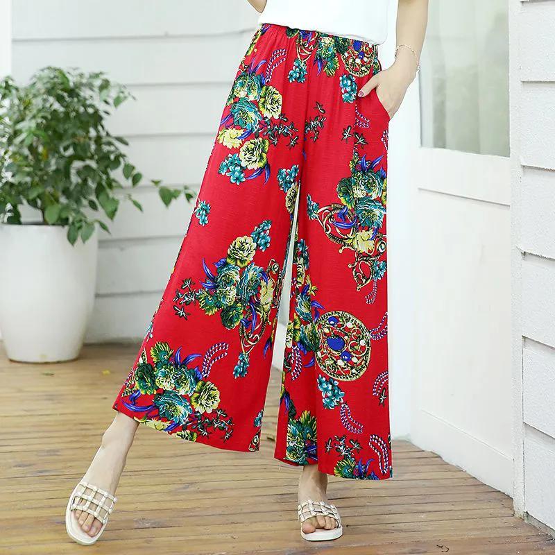WTEMPO Jaro Léto Smíšená bavlna Široké kalhoty Kalhoty Dámské Velká velikost Vysoký Elastický pas Potištěné Culottes