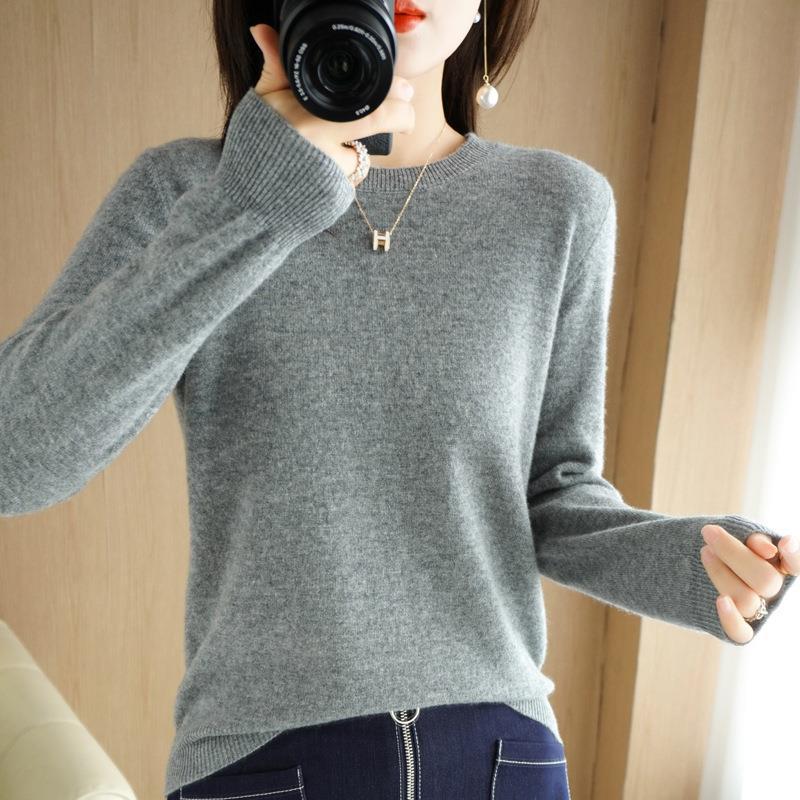 Women's Slim-Fit Round Neck Knitted Pullover, Long Sleeve, Base Layer for Spring/Autumn 2023, Non-Cashmere Top