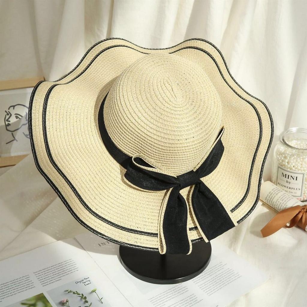 New Straw Hat Summer Adult Women Outdoor Bow Ribbon Sun Hat Outdoor Large Brim Sunscreen Girls Visor Caps