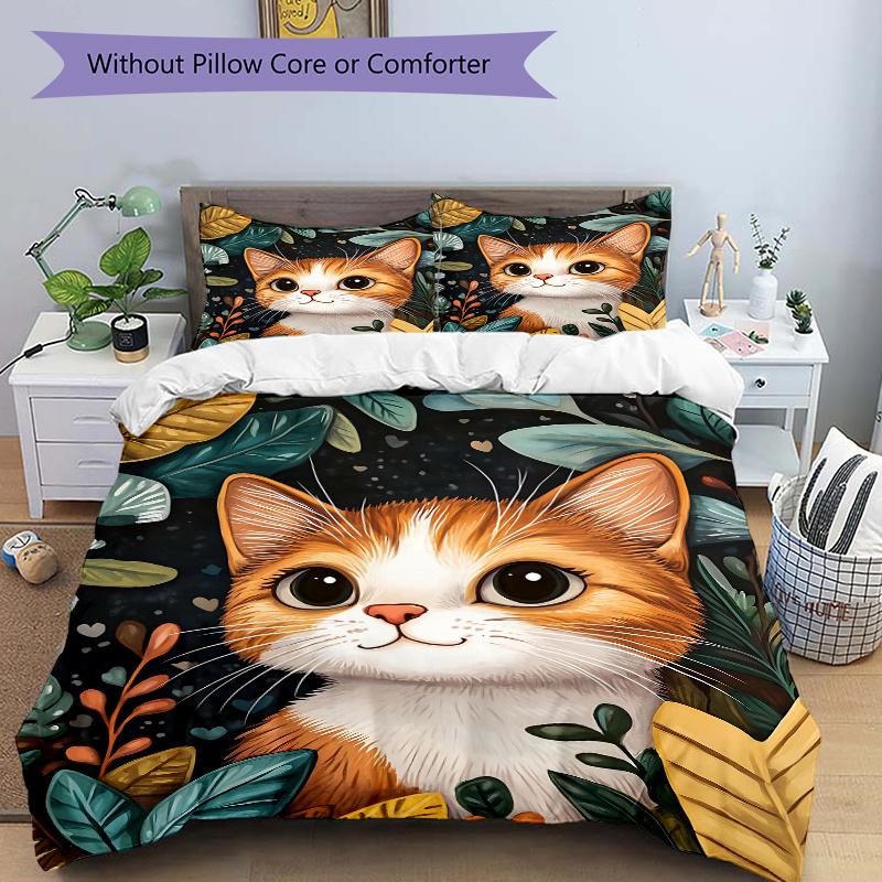 

3pcs Orange Cat Quilt Cover Set - Soft & Comfortable Polyester Fabric, All-Season Breathable Comforter Set For 1 Quilt Cover & 2 Pillowcases (No 135x200cm
