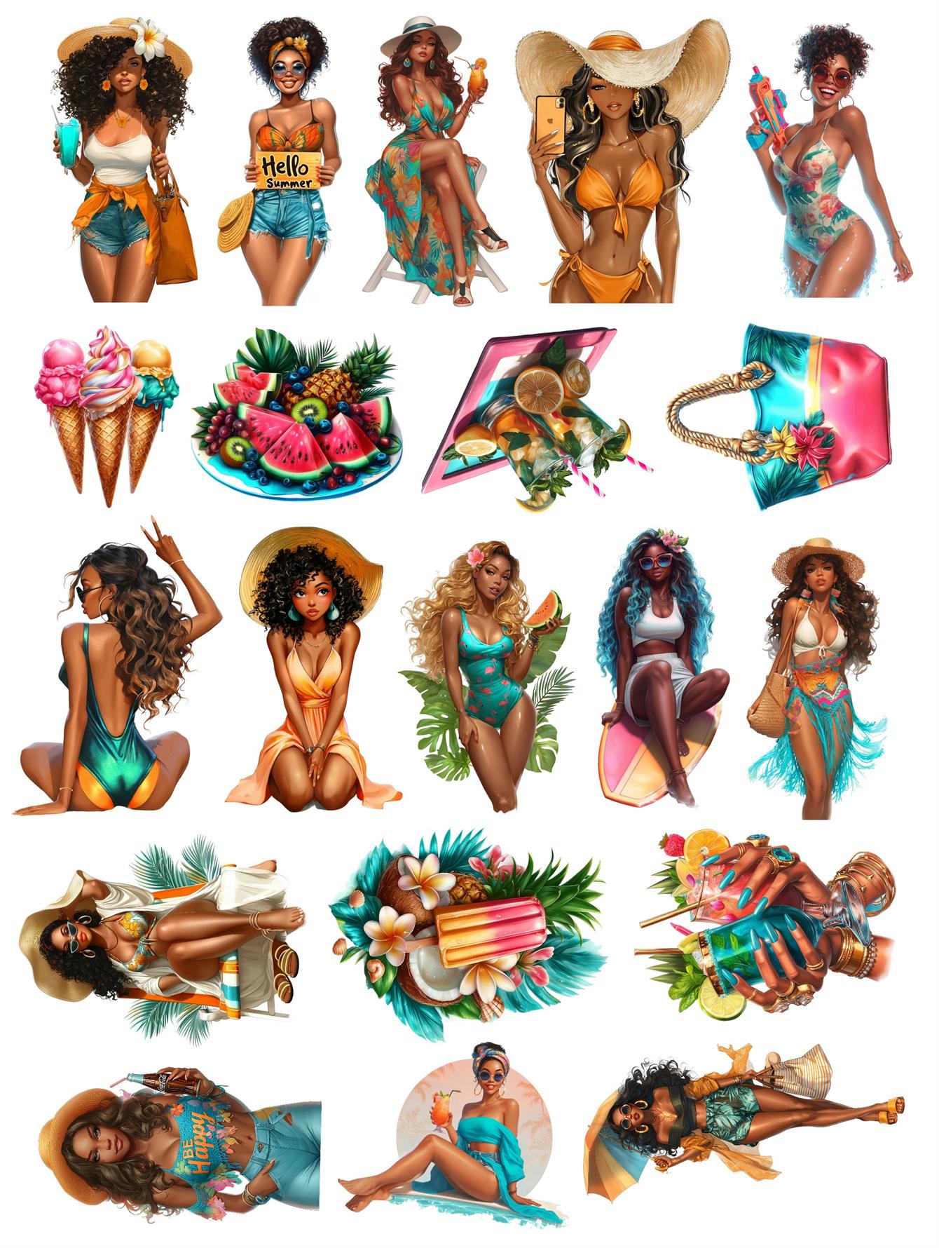 

20pcs Cute Self-made Watercolor Black Women Summer Beach Scrapbooking Stickers /Decorative/DIY Craft Photo Albums journaling белый