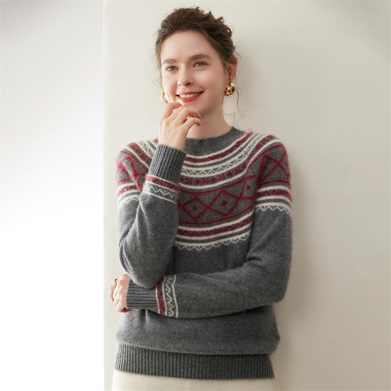 Women's Fair Isle Jacquard Cashmere Sweater - Round Neck, Pullover, Slimming Effect, Knit Base Layer for Autumn/Winter