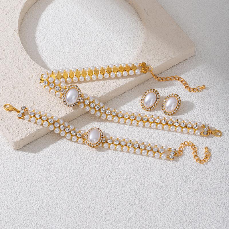 Hepburn Vintage Baroque Oval Pearl Diamond Double Necklace Bracelet Earrings Set Cheongsam Dress Accessories
