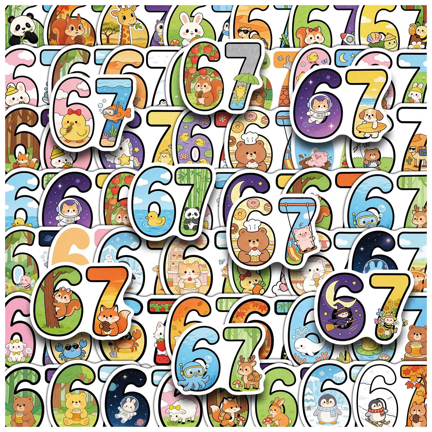 

50PCS Cartoon Number 67 Aesthetic Doodle Stickers Cute Animals Six Seven Creative Decals DIY Luggage Phone Skateboard Kids Toys