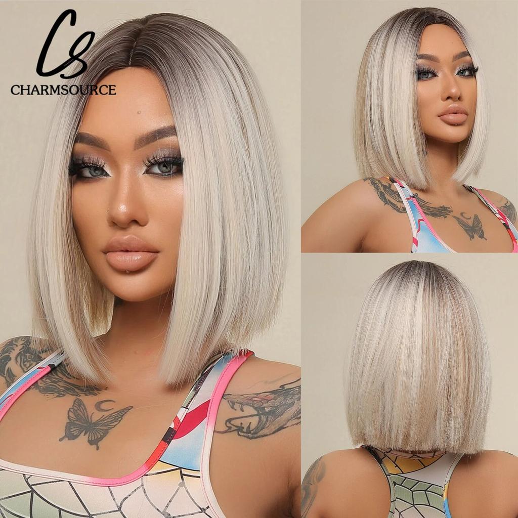 Short Straight Bob Synthetic Wigs with Bangs for Women Brown To Blonde Wig Cosplay Party Daily Heat Resistant Fiber Hair