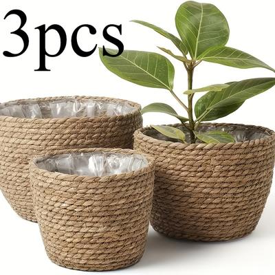 3 Stück Runder Handgewebter Übertopf im Rustikalen Stil, Perfekt für Kleine und Mittelgroße Pflanzen, Ideal für Innen- und Außendekoration