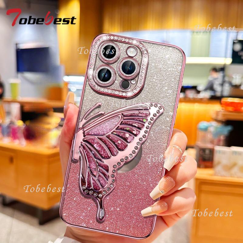 Diamond Glitter Magsafe Phone Case For iPhone 16 16E 11 14 13 12 15 Pro Max Butterfly Magnetic Holder Stand Soft Cover