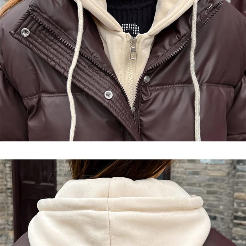 Neue Damen Fake Zweiteiler Baumwolljacke Winter Parkas Nicht waschen PU Daunen Baumwolljacke Kurz Dick Kapuzenmantel Damen Oberbekleidung