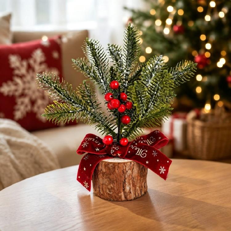 Wood Base Christmas Tree with Faux Branch Detail for Desk, Shelf, Counter, Entry Table, and Shop Front Display