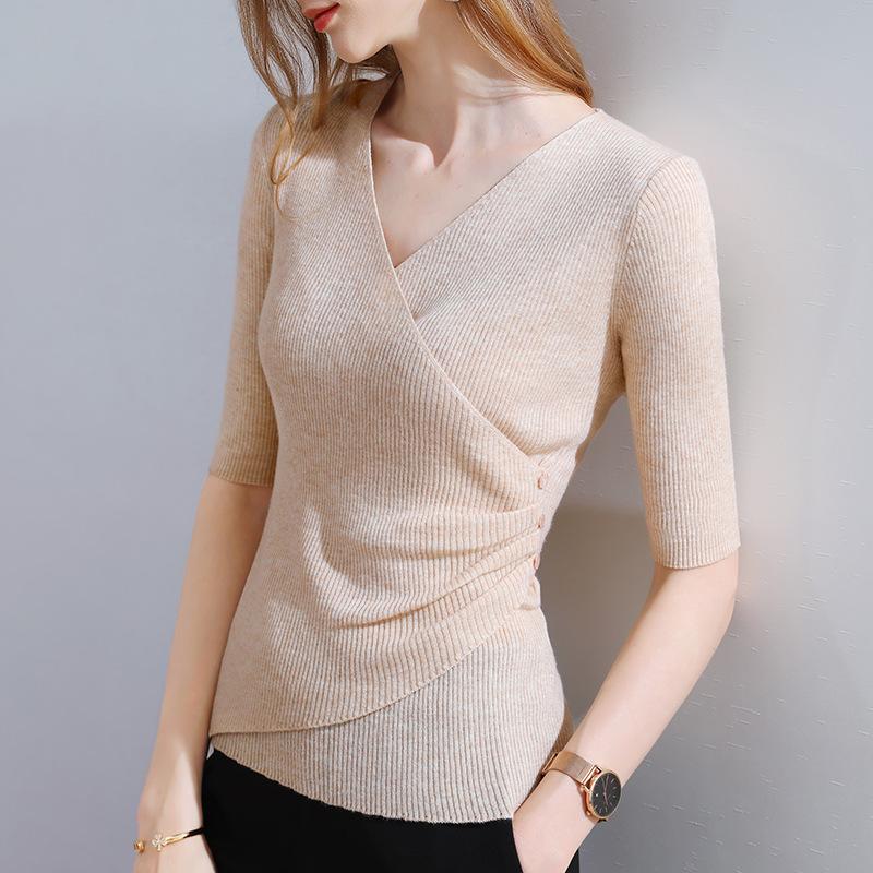 Bottom Shirt Women's Spring and Autumn New Women's Clothing Medium-sleeved Wool Sweater Design Sense Cross V-neck Waist Top
