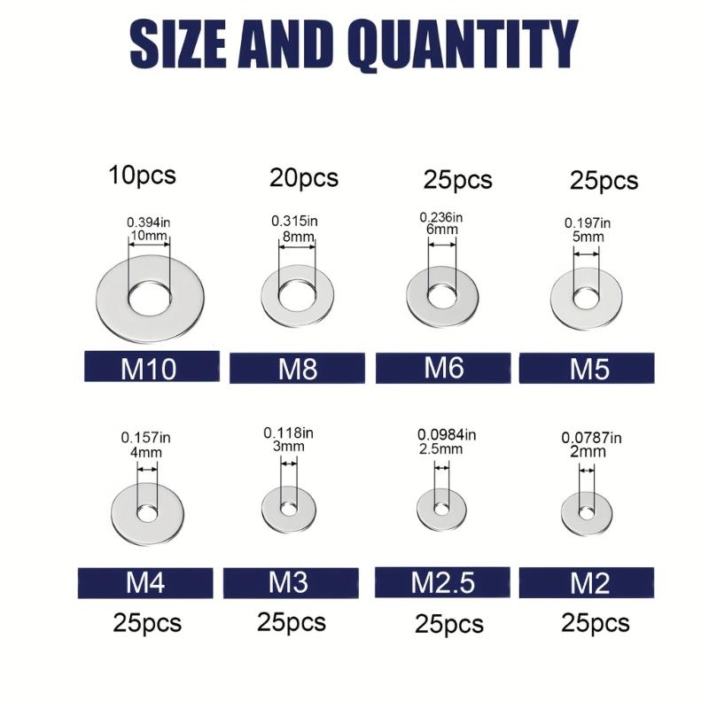 Stainless Steel Large Flat Washers, 8 Sizes Flat Washers Assortment Kit for Car Ship Assembly, Furniture