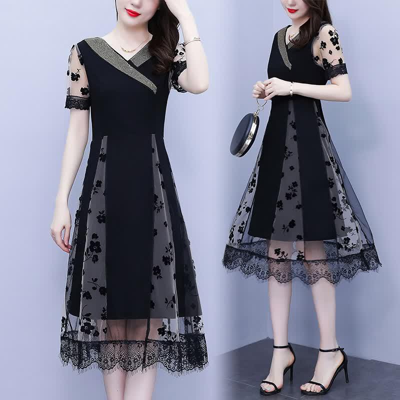 Elegant French Mesh A-line Midi Dress