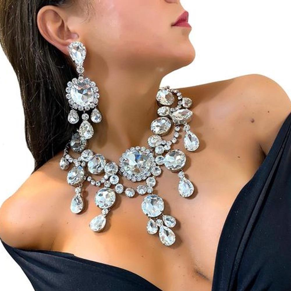 Nieuwe Mode Persoonlijkheid Rond Strass Ketting Set, Banket Feest Overdreven Ketting Oorbellen Accessoires Sieraden