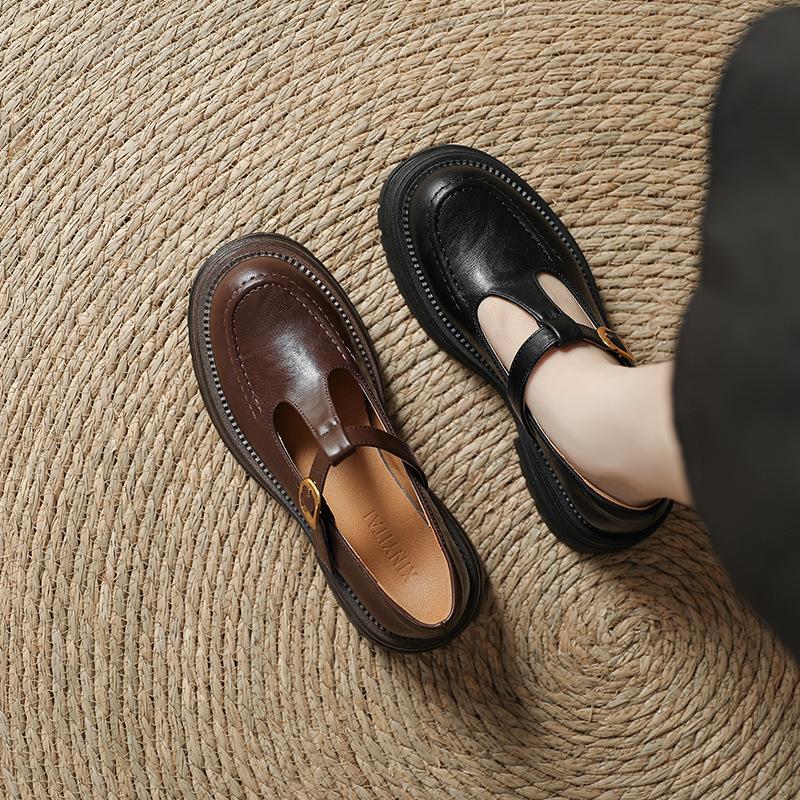 Thick-soled British Small Leather Shoes Women's Retro Word with Thick Heel Round Head One-pedal Loafers Shallow Mouth Mary Jane Single Shoes