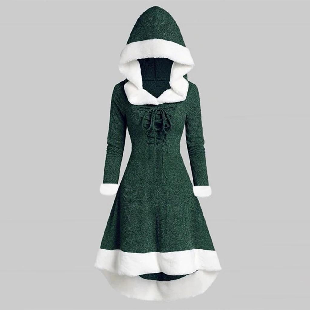 Damska sukienka z długim rękawem, z kapturem, patchworkowym dołem i nieregularnym długim rękawem