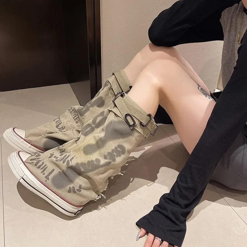 Graffiti Design Women Boots Classic Breathable Canvas Boot Fashion Mid-calf Boot Non Slip Rubber Sole Platform Boots Botas Mujer