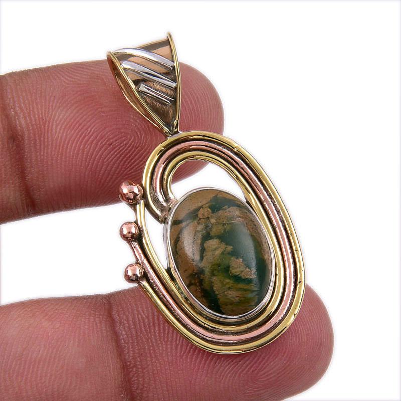 

Natural Rhyolite Gemstone 925 Solid Sterling Silver Two Tone Pendant 1.50 r5Y72
