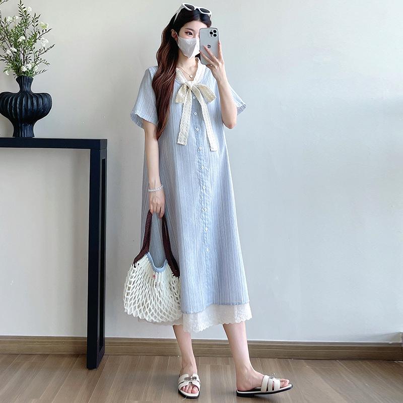 Striped Lace Patchwork Bow Maternity Dress