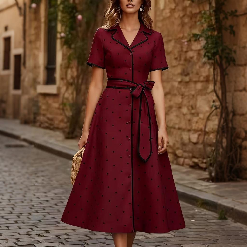 Women's Polka Dot V Neck Button Front Dress with Waist Tie Short Sleeve Midi Dress Casual Elegant Style