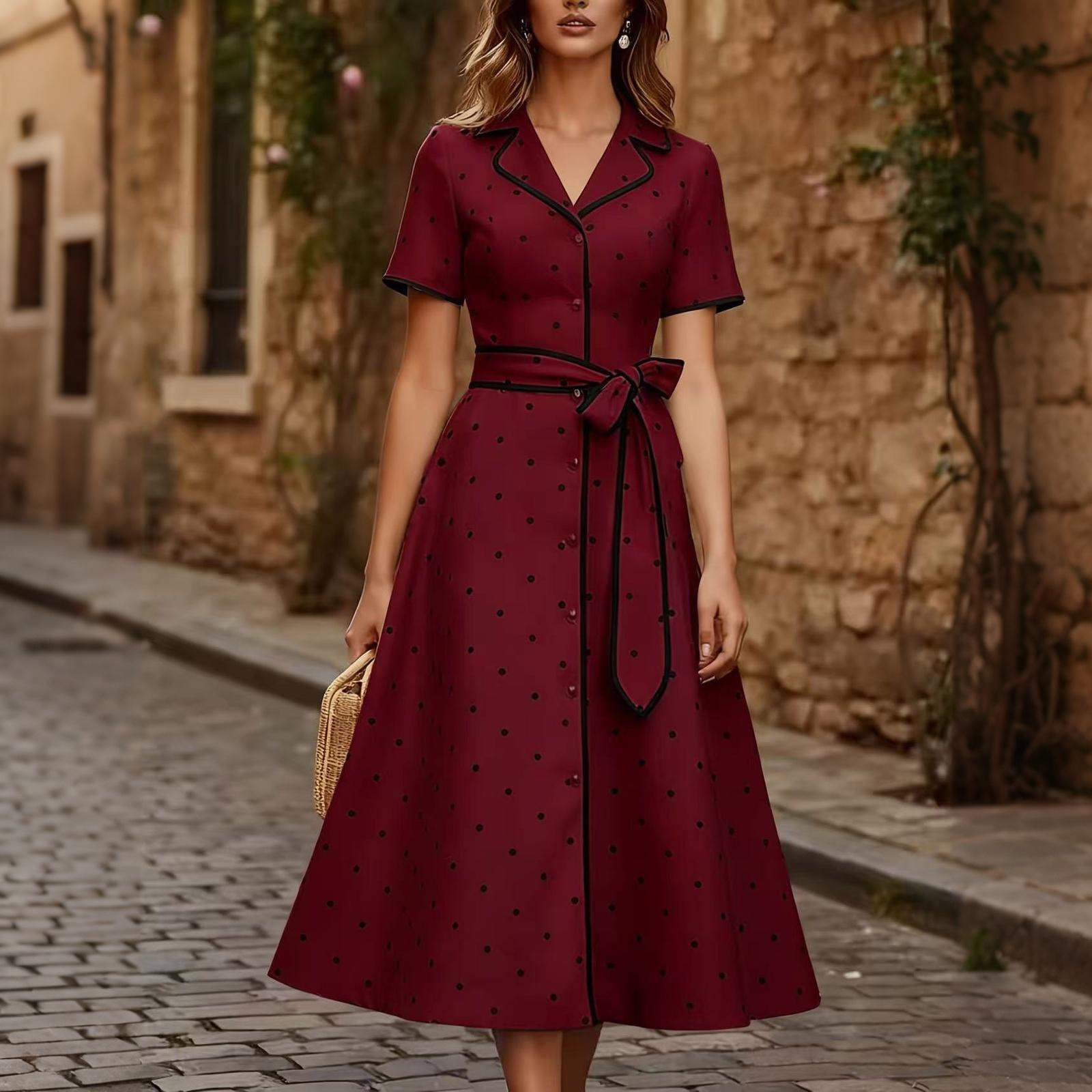 Women s Polka Dot V-Neck Button Front Waist Tie Dress XL винный
