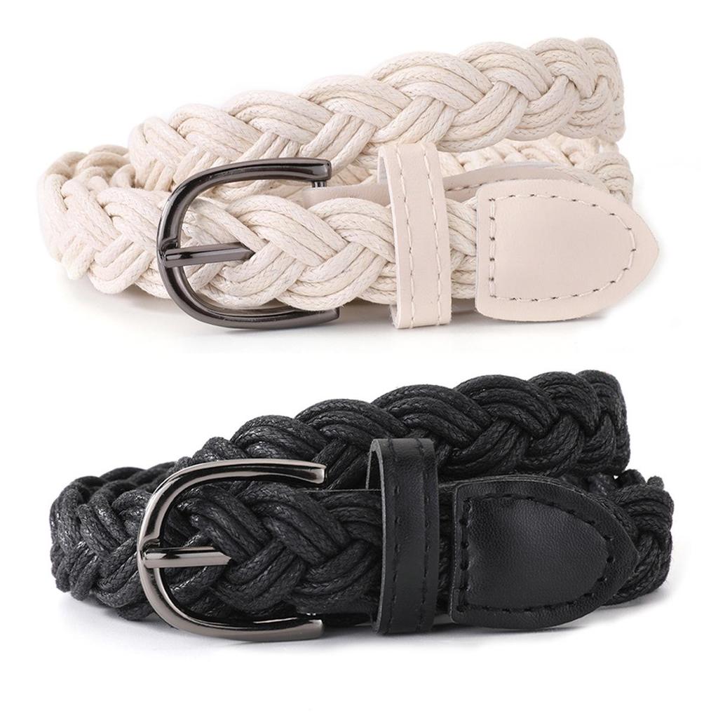 Women's Classic Retro Wax Cord Belt with Gun Black Buckle - Stylish, Thin Leather Belt for Pants & Skirts