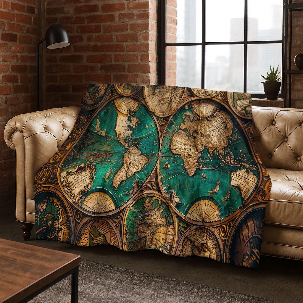 Retro Nautische Karte Kompass Schatzkarte Flanell Decke, Gemütliche Weiche Überwurfdecke für Zuhause Schlafzimmer Bett Sofa Abdeckung Geschenk Kinder