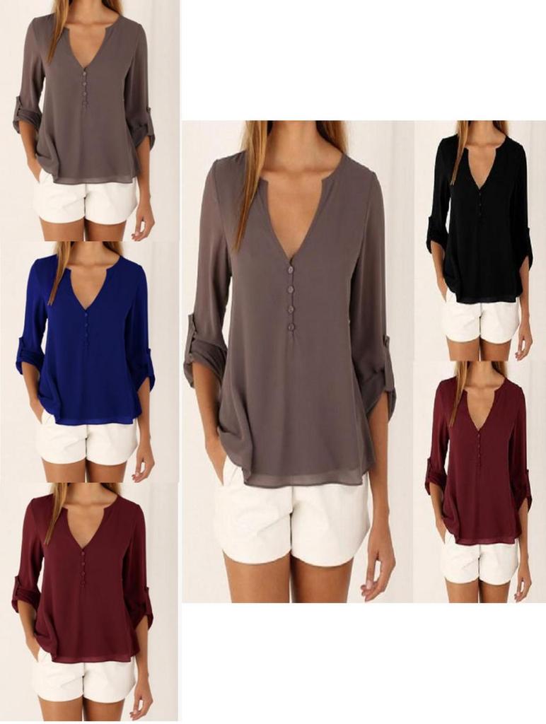 Women Casual Sexy Deep V Neck Chiffon Blouse Shirt With Slim Waist And Long Sleeves