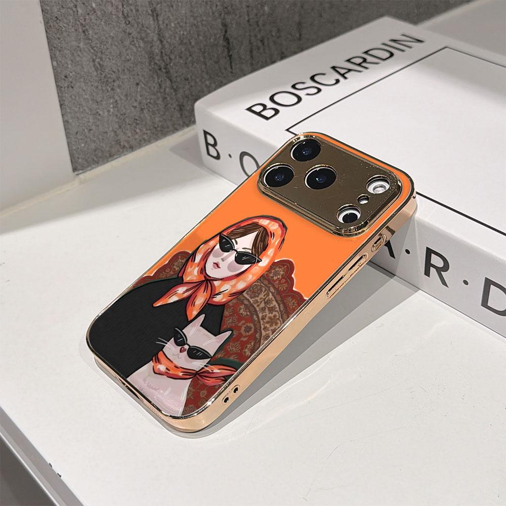 Lucky Start Phone Case For iPhone 17 16 15 14 13 12 11 Pro Max 16E Gold Electroplated Glass Shell Orange Cool Duo Cover