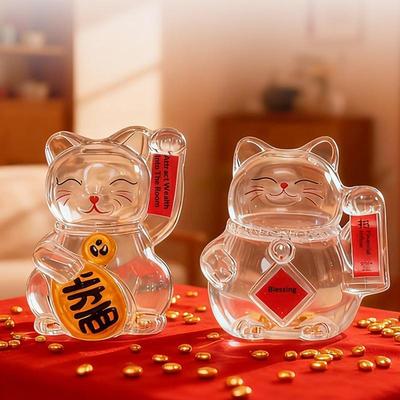 Creative Cartoon Cat Clear Glass Piggy Bank for Kids Golden Bean Money Jar Coin Saving Storage Bottle Desktop Decor Idea