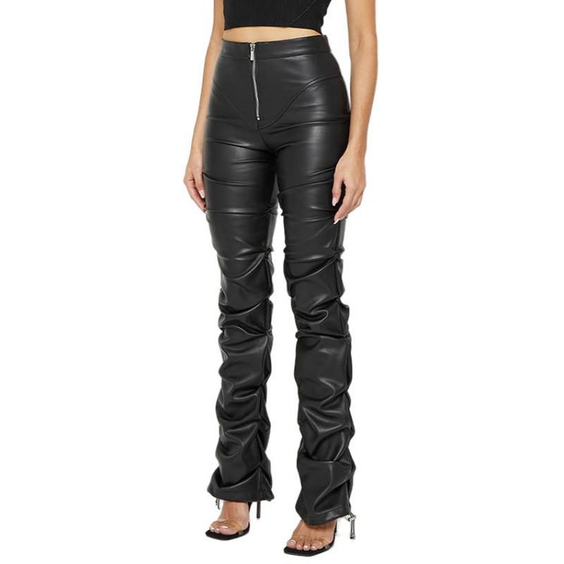 Womens Fashion Slim Fit PU Leather Flare Pants Casual Trousers All