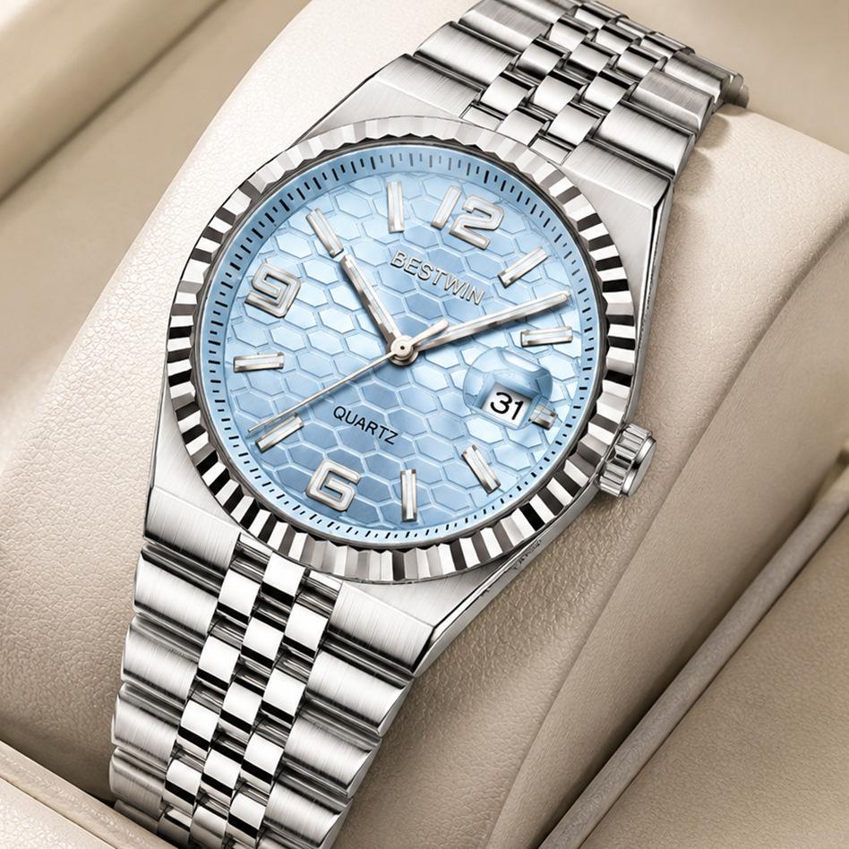 BestWin Brand Luxury Watch Waterproof Full Stainless Steel Luminous Date Week Quartz Fashion Watches For Business Men Watches