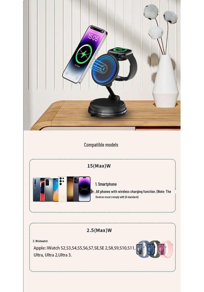 15W Magnetic Wireless Car Charger & Foldable Phone Holder with Suction Cup for Apple Devices