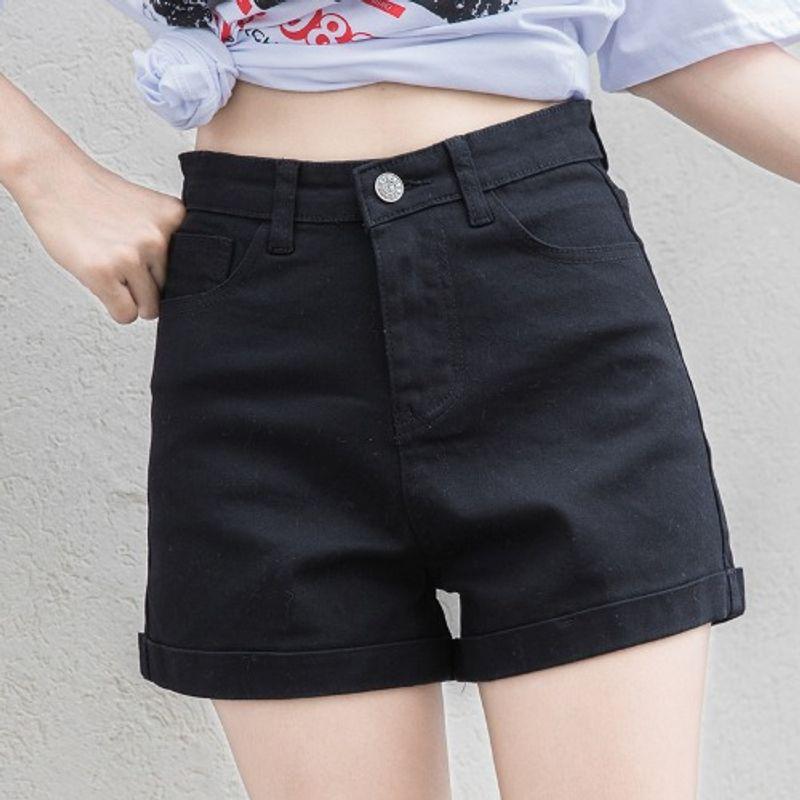 Sweet White Summer New High Waist A Word Slimming Flanging Casual Straight Three-Point Demin Shorts Hot Pants All-Matching