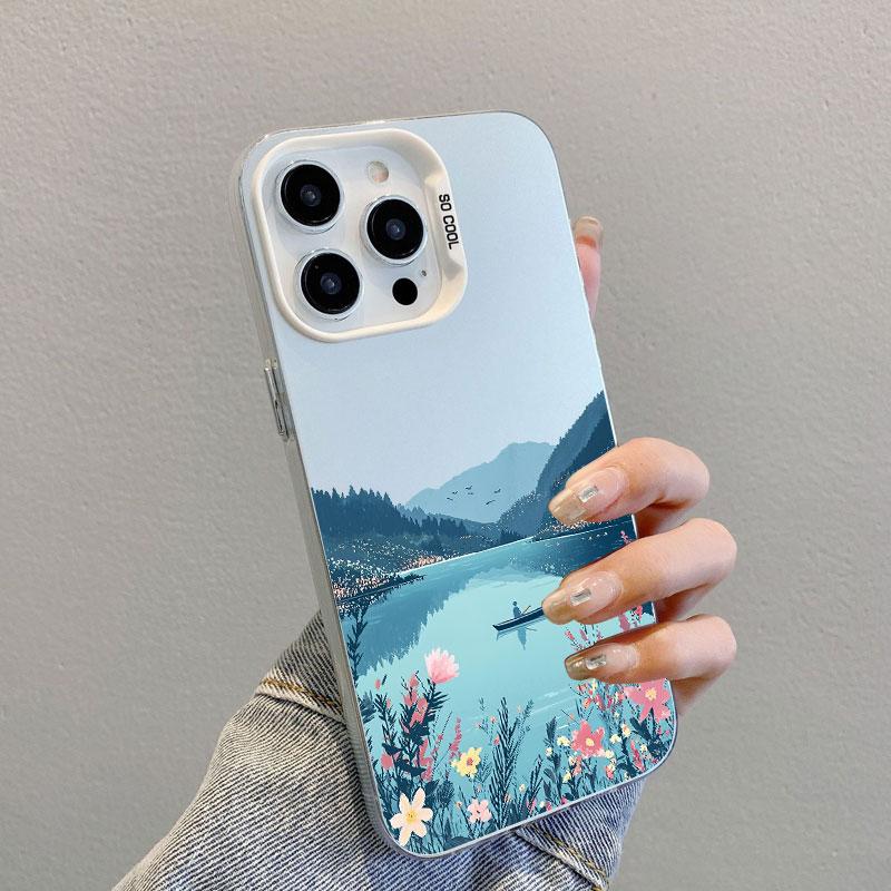 Mountains And Plains Fresh Flowers Laser Phone Case For iPhone 14 15 16 Pro Max Plus 13 Mini 11 12 Pro Max Shockproof Back Cover