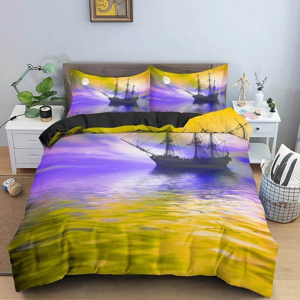 Watercolor Sailboat Bedding Set Bedclothes King Queen Twin Duvet Cover Set With Pillowcase 3D Luxury Quilt Covers