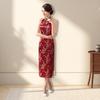 Women Summer Cheongsam Stand Collar Printing Off Shoulder Backless Split Hem Hollow Out Sleeveless Qipao Slim Fit Retro Chinese Style Banquet