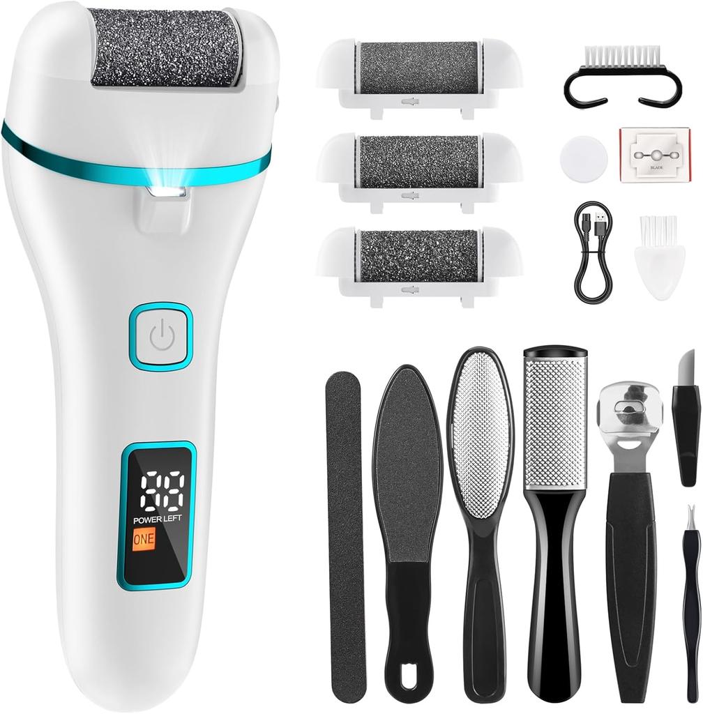 Callus Remover, Foot File Rechargeable 2 Speed, Professional Foot Scrubber with 3 Coarse Roller Heads,