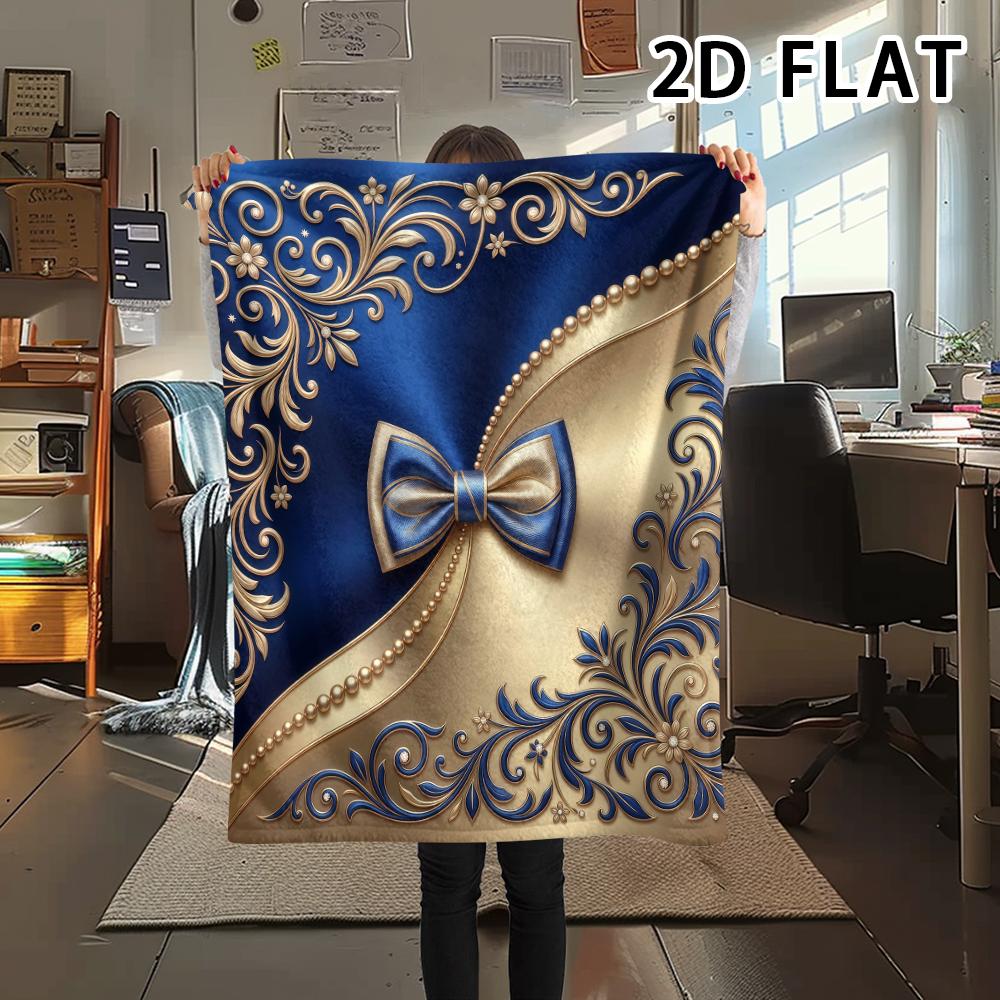 1Pc 2D FLAT Baroque Gold Blue Print Flannel Blanket,High quality Comfortable for All Seasons,Home Decor,Warmth and Comfort,Perfect for Christmas Gifts