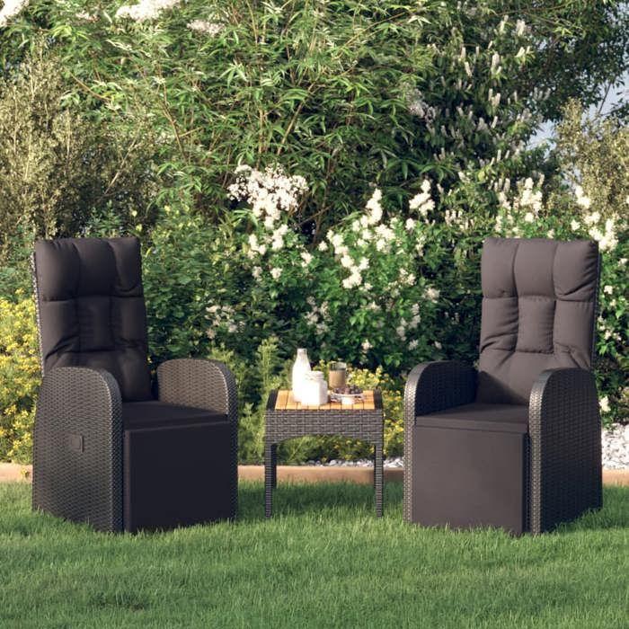 319544 vidaXL Chaises de jardin inclinables coussins 2pcs Noir Résine tressée