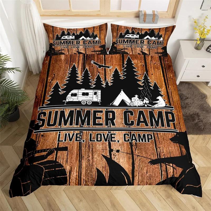 Happy Camping Duvet Cover Queen Full Twin King Camper Theme Comforter Cover With 2 Pillowcase Rustic Farmhouse Style Bedding Set