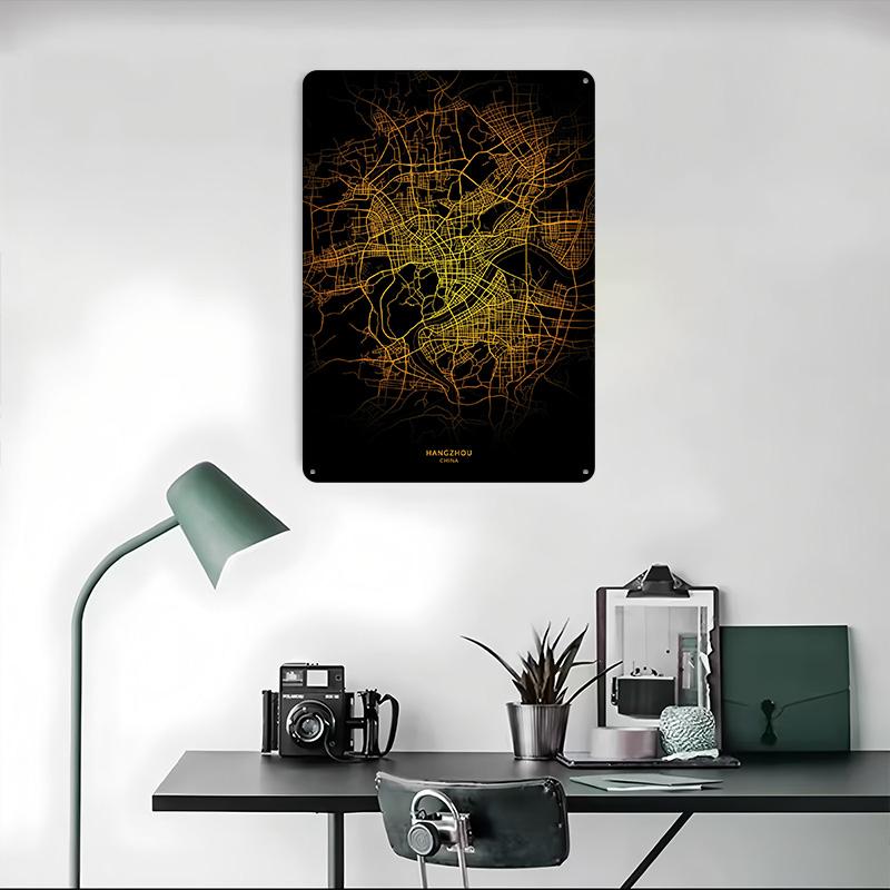 Hangzhou City Map Gold Metal Poster Customized Wall Art Retro Vintage Tinplate Signs for Man Cave Decoration Bedroom Decorations