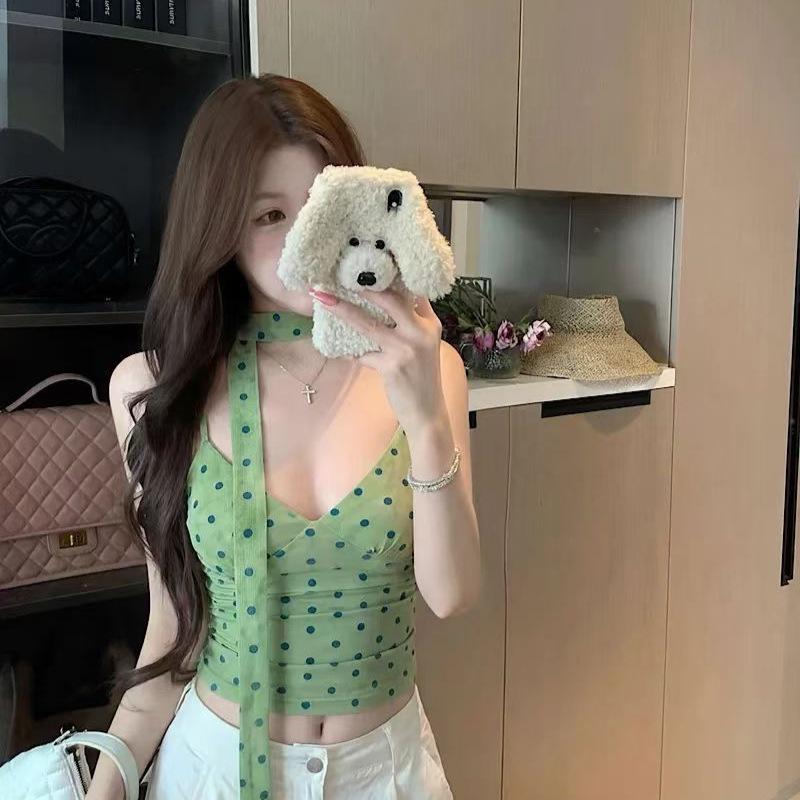 #Summer new pure desire wind three-dimensional flocking polka dot printing sling vest female slim fixing belt chest pad