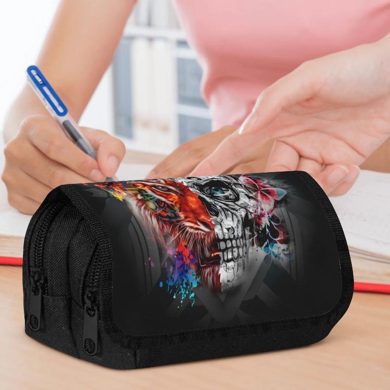 1pc 1pcs 1pc 1pcs Gothic Skull Pencil Case - Large Capacity Double Layer Flip-Top Organizer with Zipper Closure, Durable Polyester Portable for, & Sch