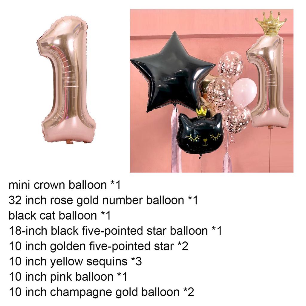 12Pcs Rose Gold Number Crown Cat Balloons Set Metallic Latex Five-pointed Star Sequin Balloons for Happy Birthday Party Decorations