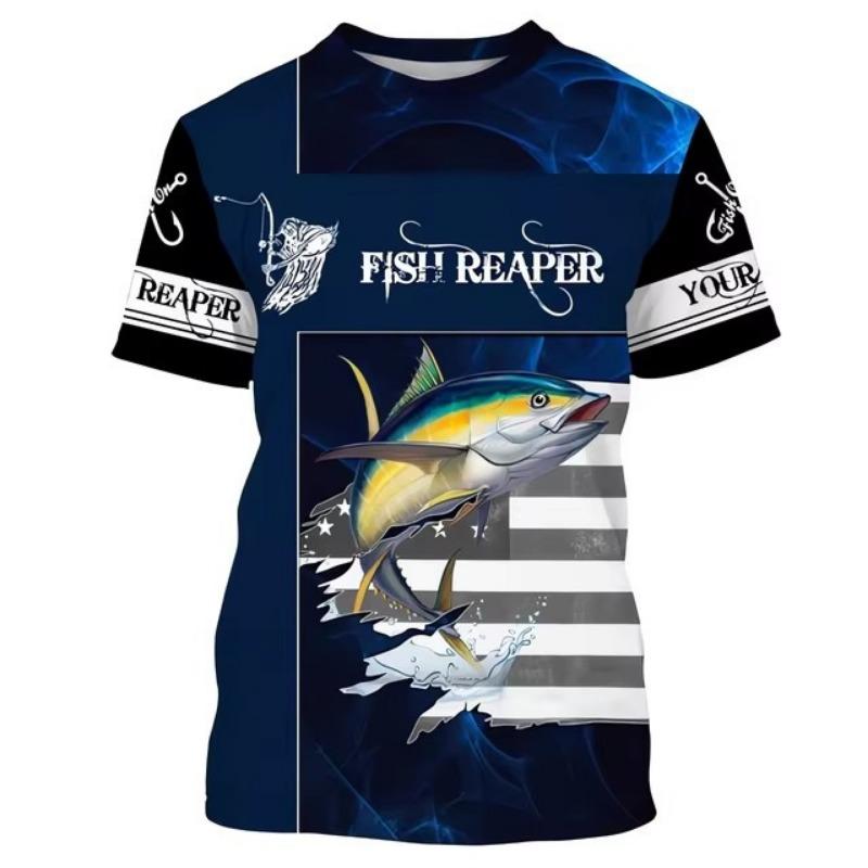 Fish Print Men's Outdoor Fishing Suit Casual Round Neck T-shirt Harajuku Short Sleeved Shirt
