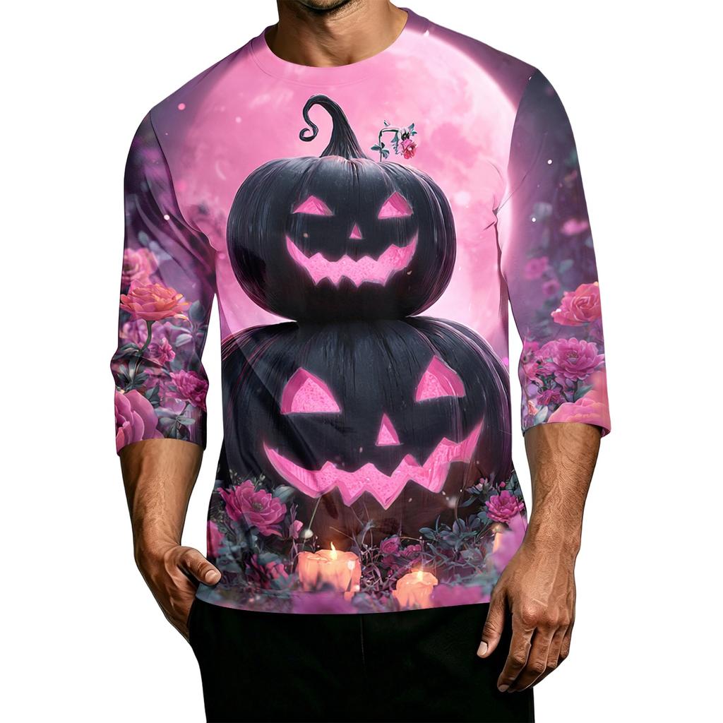 Men's Casual Halloween Printed Crew Neck Three Quarter Sleeve T Shirt with Pumpkin Graphic Loose Fit Comfortable Top